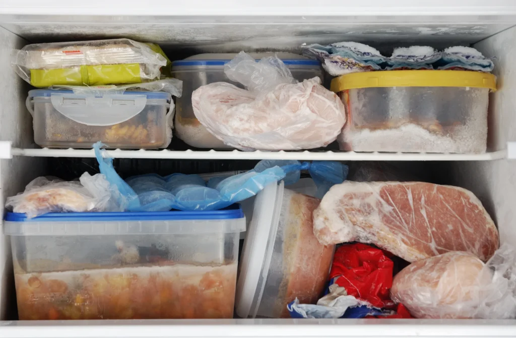 Interior de um freezer doméstico com duas prateleiras repletas de potes organizadores e alimentos como carnes e vegetais embalados em sacos plásticos com presença de gelo.