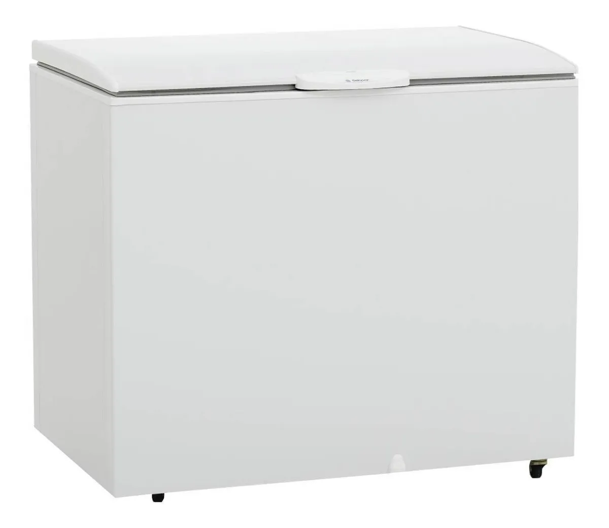 Freezer horizontal branco Gelopar Professional GHBS-310 de 306 litros fechado, em ângulo lateral, destacando o design robusto, as rodinhas de alta resistência e o puxador ergonômico com fechadura.
