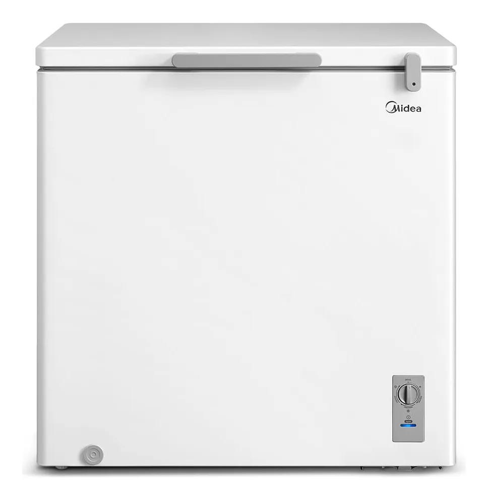 Freezer horizontal branco Midea de 200 litros (modelo MDRC280SLA) visto de frente, destacando o puxador ergonômico cinza e o seletor de temperatura externo na parte inferior direita.