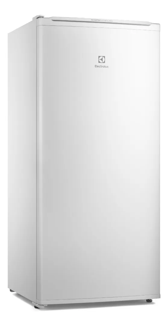 Freezer vertical branco Electrolux FEI19 de 162 litros com logomarca centralizada e indicação de tecnologia Inverter no topo.