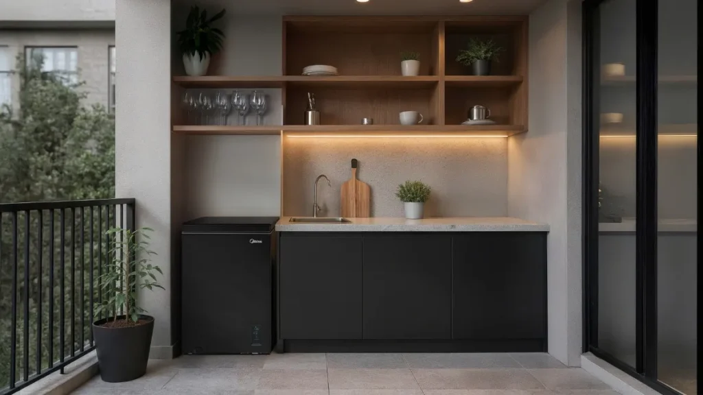 Freezer horizontal Midea 100L Flexbeer na cor preta instalado em uma bancada de área gourmet moderna, integrada com pia e marcenaria escura, demonstrando seu design compacto e elegante.