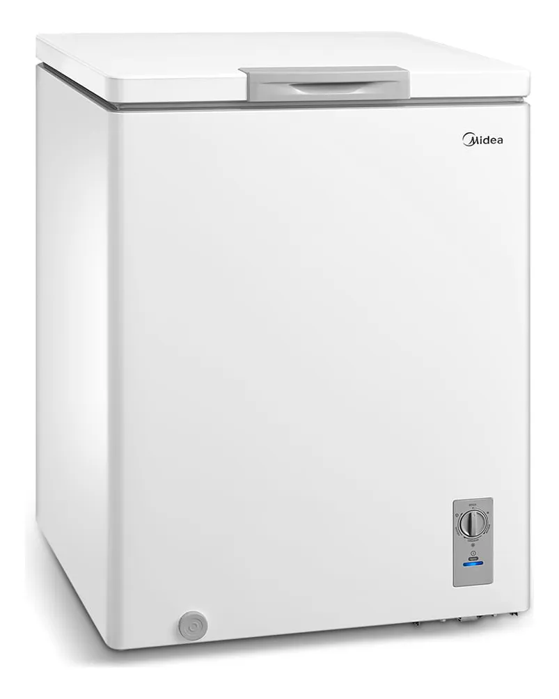 Freezer Horizontal Midea 145L branco com função 3 em 1 (congelar, resfriar e conservar), exibindo design compacto ideal para cozinhas e áreas gourmet residenciais.