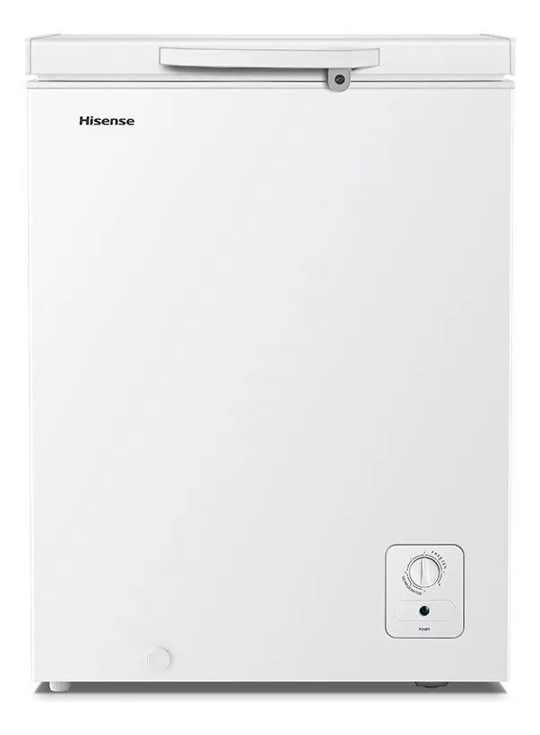 Freezer horizontal branco Hisense FC185N de 142 litros com design de porta plana, fechadura com chave no puxador e seletor de temperatura frontal.