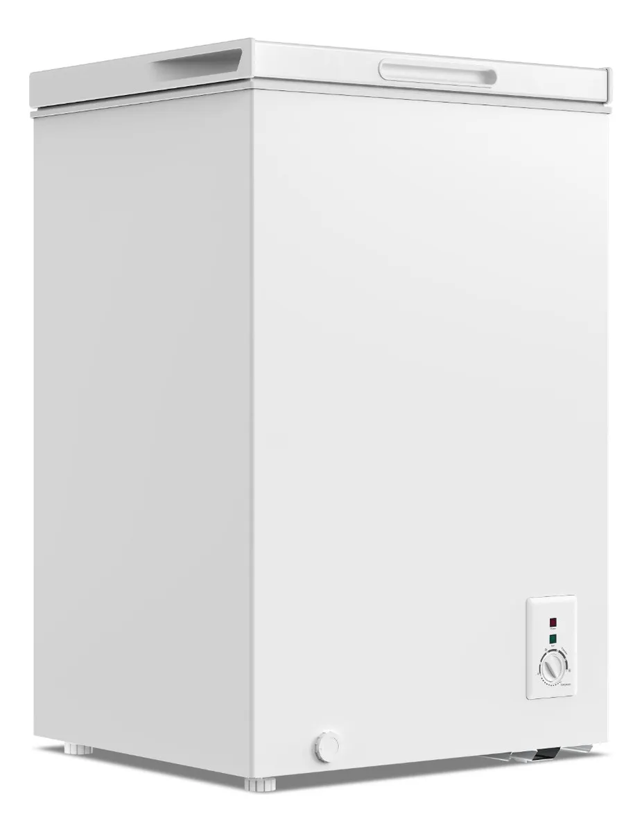 Freezer horizontal compacto Philco PFH105B de 99 litros na cor branca, em ângulo lateral, destacando o botão de controle de temperatura externo e o dreno frontal na base.