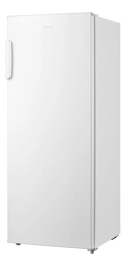 Freezer vertical branco Midea de 196 litros, modelo MDRU276, com design clean, puxador lateral branco e porta de acabamento liso.