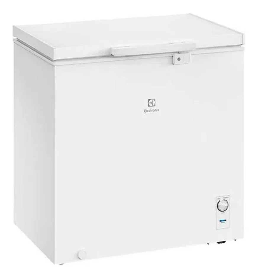 Freezer horizontal branco Electrolux HE200 de 199 litros, visto de frente, destacando o puxador ergonômico com fechadura de segurança e o controle de temperatura frontal.