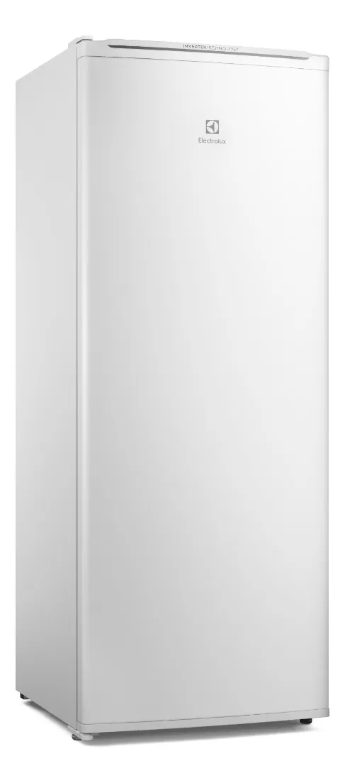 Visão frontal do Freezer Vertical Electrolux FEI23 de 197 litros, na cor branca, destacando o design moderno com Tecnologia Inverter para máxima economia de energia e baixo ruído.