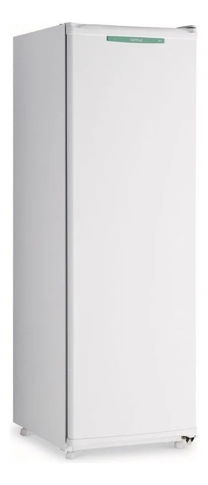 Freezer vertical branco Consul CVU18 de 121 litros com design compacto e detalhe verde da marca no topo da porta.
