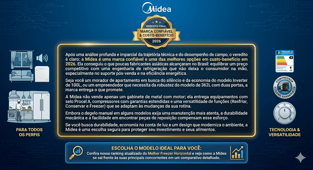 Infográfico de conclusão do review de freezers Midea em 2026. O painel central destaca o veredito final: 'Marca Confiável & Custo-Benefício'. O texto detalha a análise técnica, desempenho de campo, eficiência energética (Selo Procel A) e versatilidade para diferentes perfis (apartamento a comércio). Ícones laterais reforçam 'Para Todos os Perfis' e 'Tecnologia & Versatilidade'. Na parte inferior, um call-to-action convida para ver o 'Ranking Atualizado do Melhor Freezer Horizontal'.