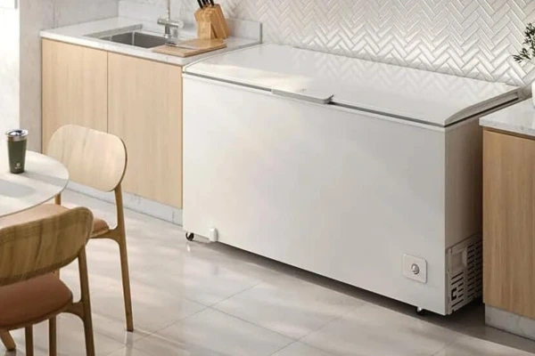 Visão interna de um freezer horizontal organizado com diversos pacotes de alimentos congelados, ilustrando os critérios de capacidade e conservação térmica avaliados em nosso guia.