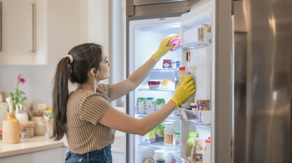 Mulher realizando a limpeza e organização interna de um freezer vertical em uma cozinha moderna, representando o cuidado e a durabilidade proporcionados pelas melhores marcas de freezer do mercado.
