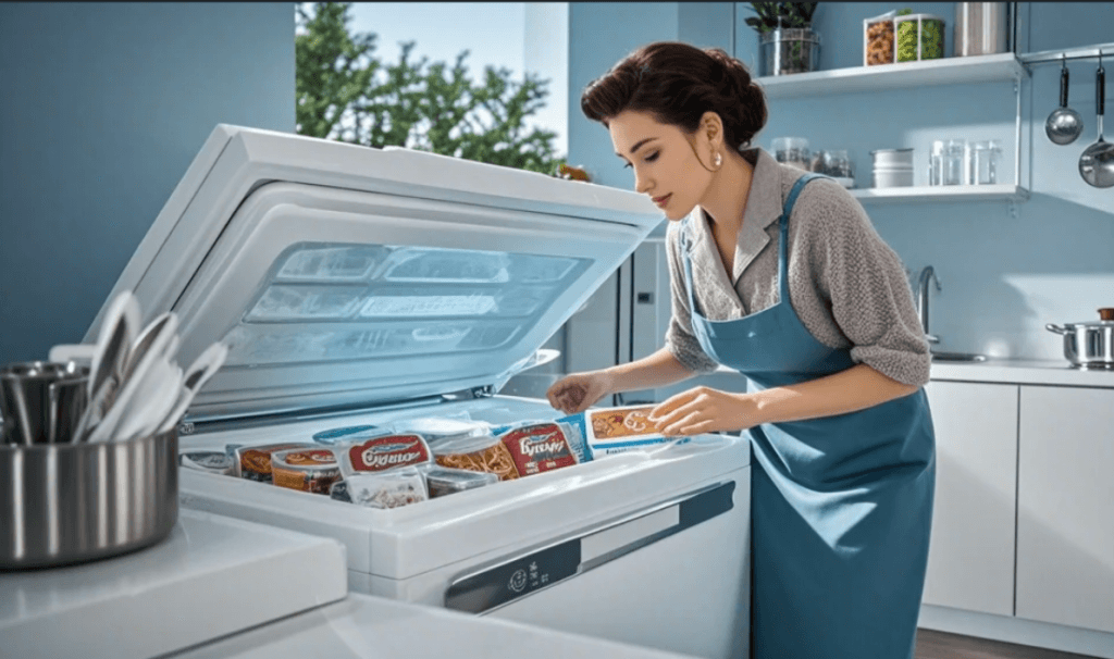 Mulher com avental azul manuseando pacotes de alimentos congelados dentro de um freezer horizontal branco aberto, em uma cozinha moderna e organizada.