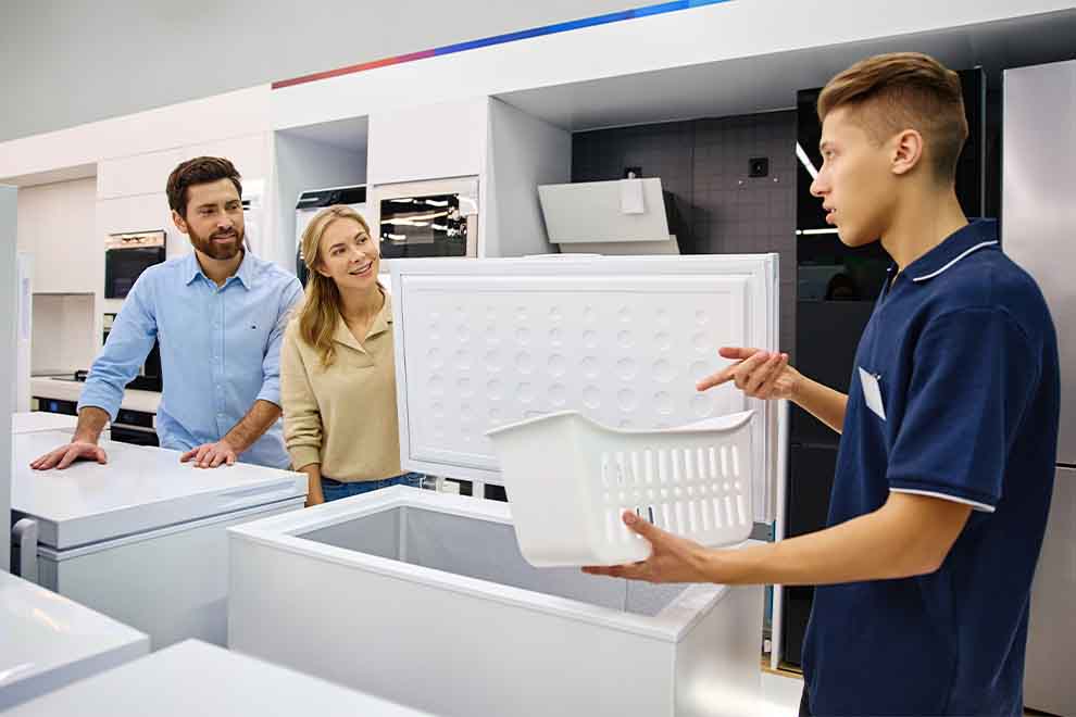 Vendedor jovem em uniforme azul gesticula enquanto segura um cesto aramado removível à frente de um freezer horizontal branco aberto, explicando as funções para um casal interessado em uma loja.