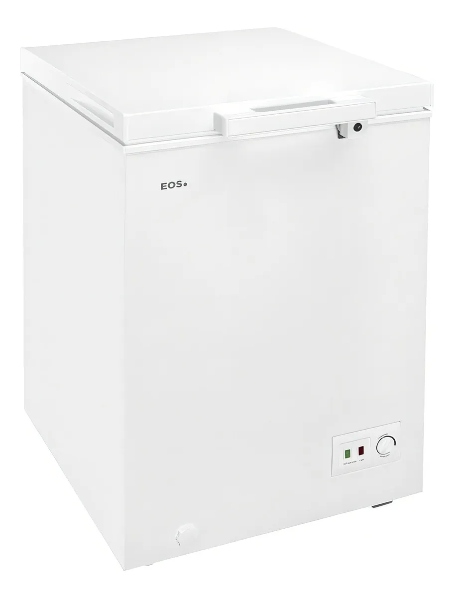 Freezer Horizontal EOS EcoGelo de 110 litros, modelo EFH120X branco, com design compacto, puxador ergonômico e painel de controle frontal com termostato ajustável.