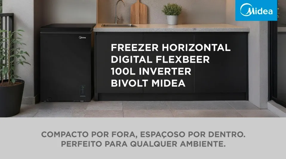 Freezer Horizontal Midea FlexBeer 100L preto instalado em uma varanda gourmet moderna, demonstrando seu design compacto e acabamento premium.