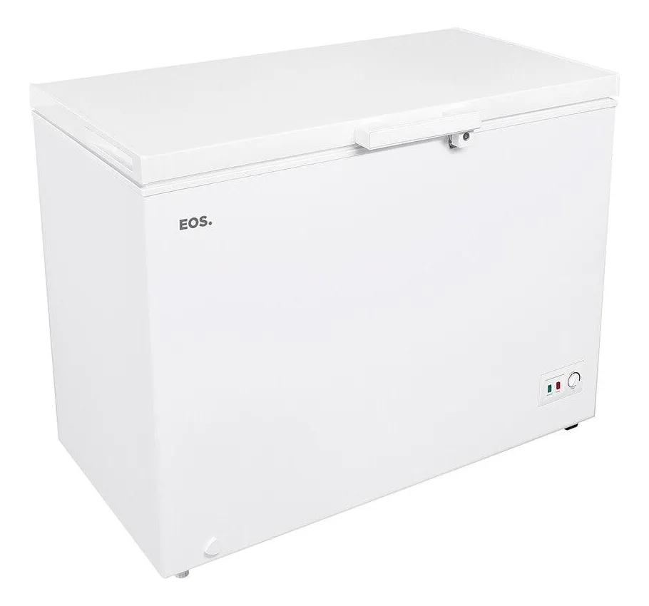Freezer Horizontal EOS de 309 litros, modelo EFH355X branco, com design de porta única, puxador ergonômico central com fechadura e painel de controle analógico frontal.