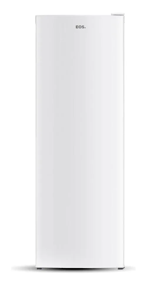 Freezer vertical EOS EcoGelo de 242 litros, modelo EFV300 branco, com design de porta única, puxador ergonômico embutido e estrutura alta para otimização de espaço vertical.