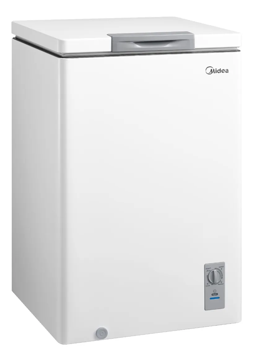Freezer Horizontal Midea 100L branco (CFA10) com controle de temperatura mecânico por botão giratório frontal e design clássico.