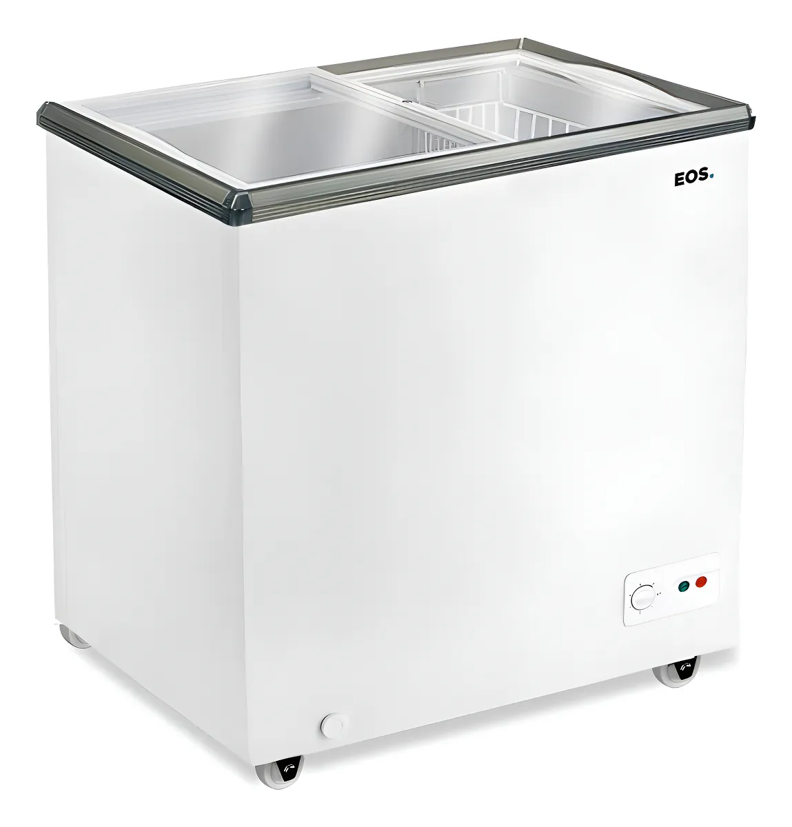 Freezer expositor horizontal EOS modelo EEH200 com tampa de vidro deslizante, acabamento branco, rodinhas para movimentação e painel de controle frontal com luzes indicadoras.