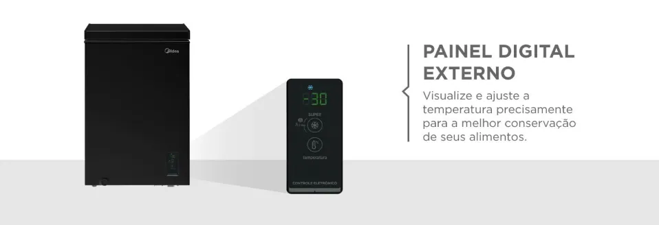 Close-up do painel digital externo do Freezer Midea FlexBeer 100L, mostrando o visor eletrônico de temperatura e botões de ajuste de precisão.