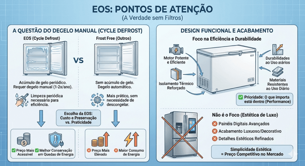 Infográfico comparativo sobre os pontos de atenção dos freezers EOS, destacando o sistema de degelo manual (Cycle Defrost) versus Frost Free, e o foco em design funcional com motor potente e isolamento térmico.