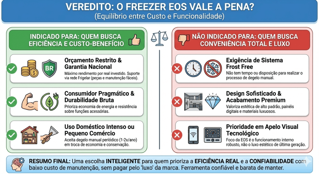 Infográfico de veredito final: O Freezer EOS vale a pena? Uma comparação de perfis de usuários indicados (foco em economia, durabilidade e suporte nacional via Frigelar) versus perfis não indicados (que exigem sistema Frost Free e design de luxo).