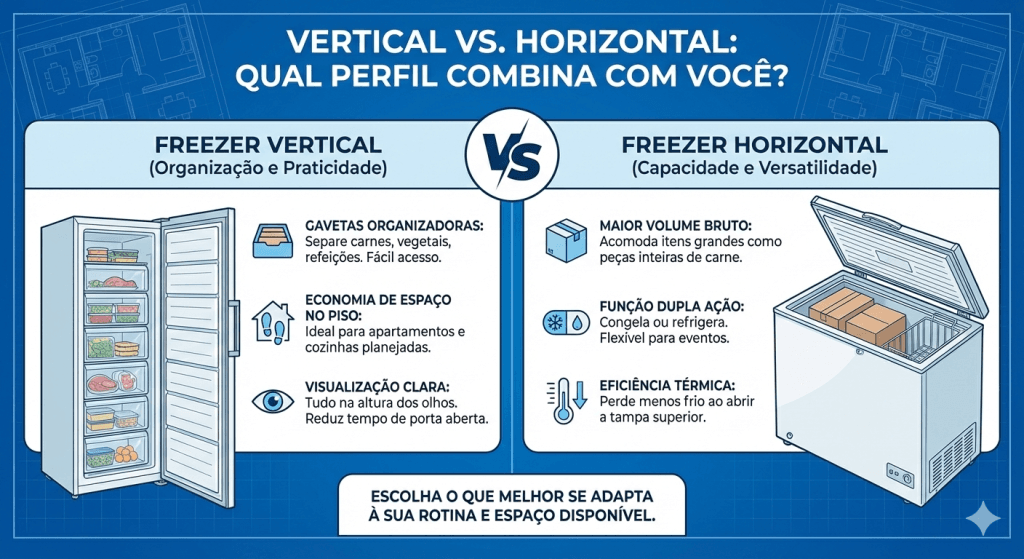 Infográfico comparativo entre Freezer Vertical e Freezer Horizontal. O lado esquerdo destaca organização por gavetas e economia de espaço. O lado direito destaca maior volume bruto, função dupla ação e eficiência térmica superior.