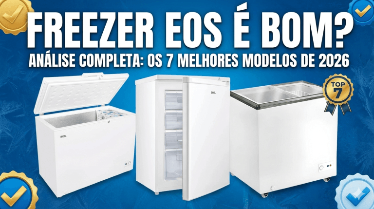Comparativo de Freezers EOS com três modelos em destaque: um freezer horizontal aberto com bebidas, um freezer vertical com gavetas transparentes e um freezer horizontal com tampa de vidro, todos da linha EcoGelo sobre fundo azul.