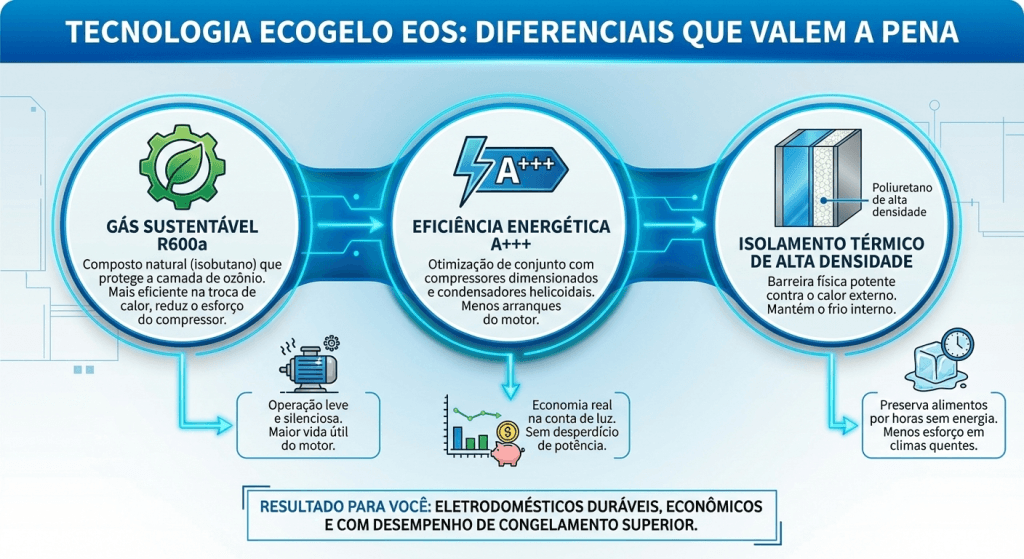 Infográfico explicativo da Tecnologia EcoGelo EOS apresentando os três pilares: Gás R600a para troca de calor eficiente, Eficiência Energética A+++ com condensadores helicoidais e Isolamento Térmico de alta densidade para preservação do frio.