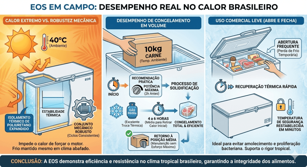 Infográfico demonstrando o teste de desempenho do freezer EOS em clima tropical. Ilustra o isolamento térmico a 40°C, o tempo de congelamento de 10kg de carga com gás R600a e a rápida recuperação térmica em uso comercial leve.