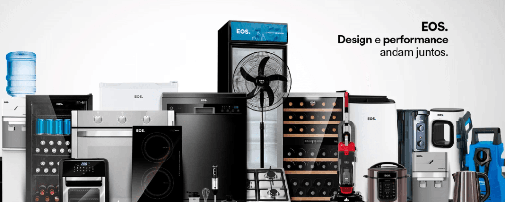 Montagem fotográfica de três tipos de freezers da marca EOS: modelo horizontal com tampa branca, modelo vertical com gavetas internas e modelo horizontal com tampa de vidro superior, representando a linha de produtos da Frigelar.
