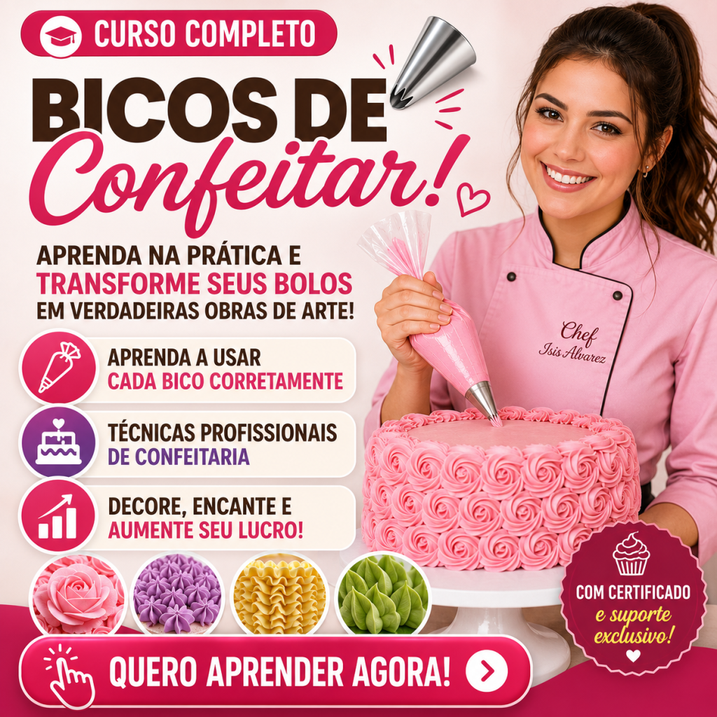 Confeiteira decorando um bolo com bicos de confeitar em curso online que ensina técnicas profissionais de decoração de bolos, cupcakes e confeitaria.