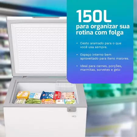 Interior aberto do freezer horizontal HQ 150 litros (HQ-150CFX) abastecido com alimentos e cesto aramado, destacando o espaço interno e a organização.