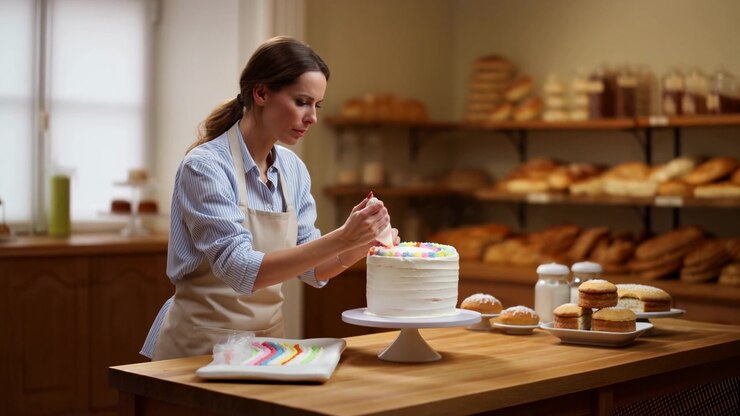 Confeiteira profissional decorando um bolo em uma padaria, representando a apresentação de produtos e serviços por meio de artigos patrocinados